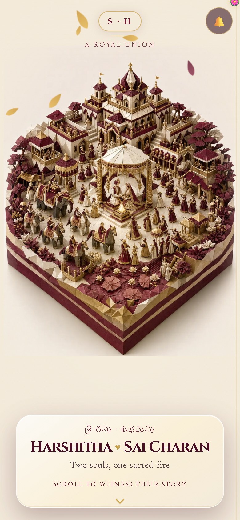 Harshitha and Sai Charan wedding invitation on a phone